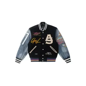 AlphaStyle Burlington Letterman Jacket - Classic Wool & Denim Baseball Jacket with Embroidery & Vintage Prints