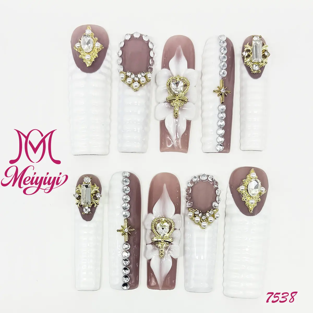 .DP.7538.White carved floral rhinestone wearable nail