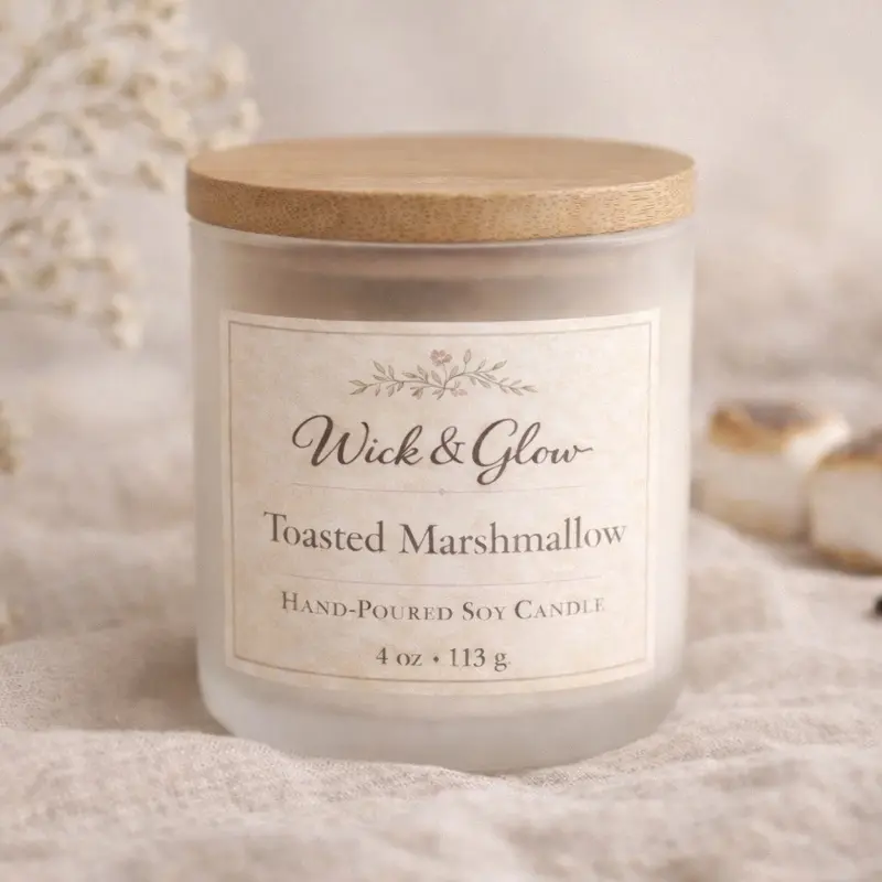 Wick & Glow Toasted Marshmallow Hand-Poured Soy Candle 4 oz 113 g with Wooden Lid for Aromatic Home Decor