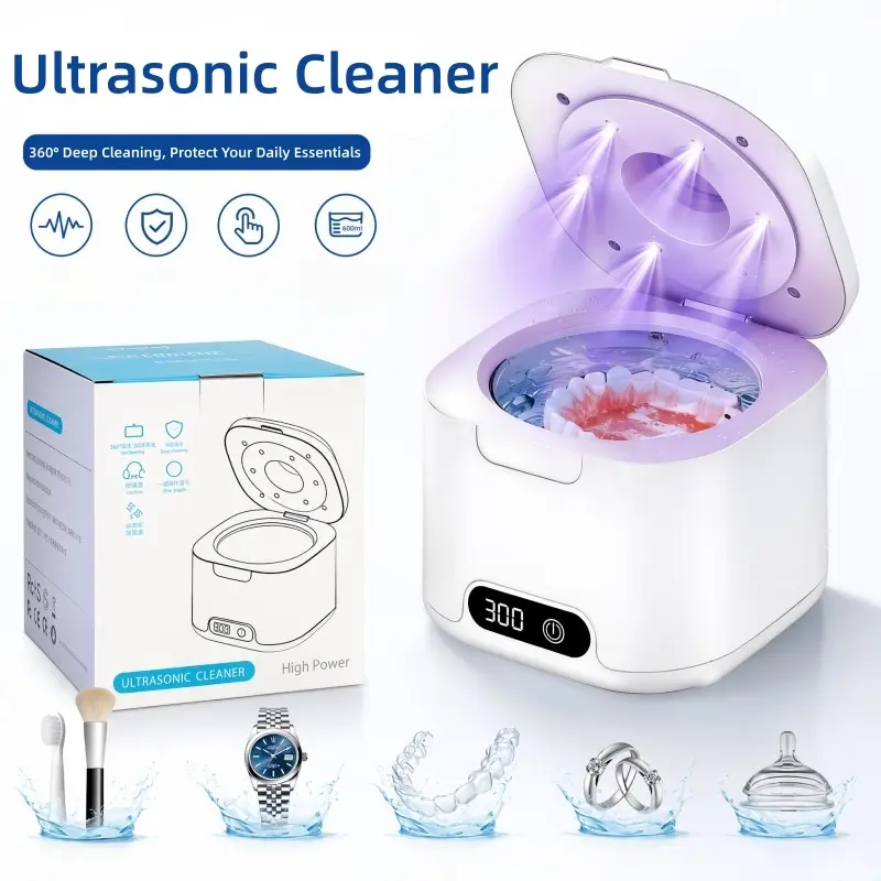 Ultrasonic Cleaner - 24W 49kHz Cleaning Machine for Dentures, Mouth Guard, Night Guard, Toothbrush Heads, Jewelry, 3 Modes & 340ML Capacity Wireless Home Bathroom Sterilizer-MM1