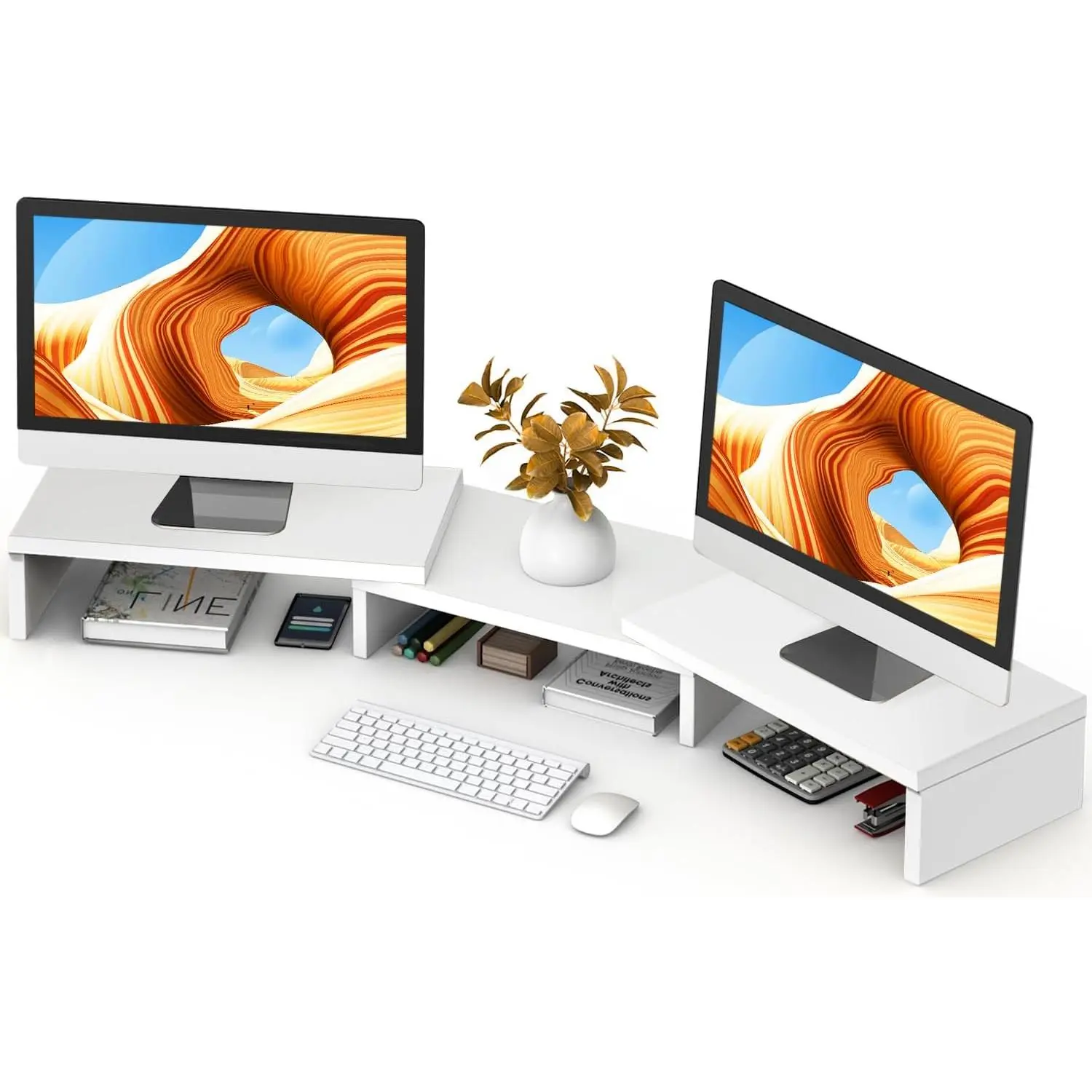 Dual  Stand Riser, Computer  Stands for 2 Monitors, Extra Long Multifunctional Desktop Organizer Riser for Computer, Laptop, PC, Printer, TV, Max 43.3" Length, White