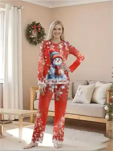 A couple's Christmas pajama set for men and women, cute snowman snowflake starlight Christmas pattern, soft round-neck home wear, long sleeve and long pants set, suitable for family gatherings, parties and Christmas Eve, Fashion Sleepwear