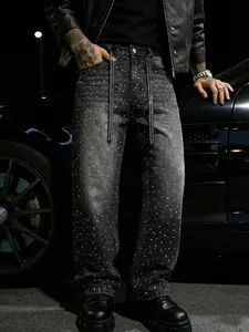 Men's Gradient Black Sparkle Diamond Wide-Leg Pants, Sparkle Diamond Belt Cuffed Wide-Leg Pants, Stone Washed Vintage High Street Style, Men's Y2K Retro Black Wide-Leg Jeans, Essential Social Media Boyfriend Style Streetwear