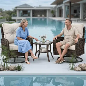 For Porch, Pool & Patio: 3-Piece Outdoor Chair Set, 360 Swivel Rocking Wicker Glider, 2 Big Chairs Plus Coordinating Side Table summergarden