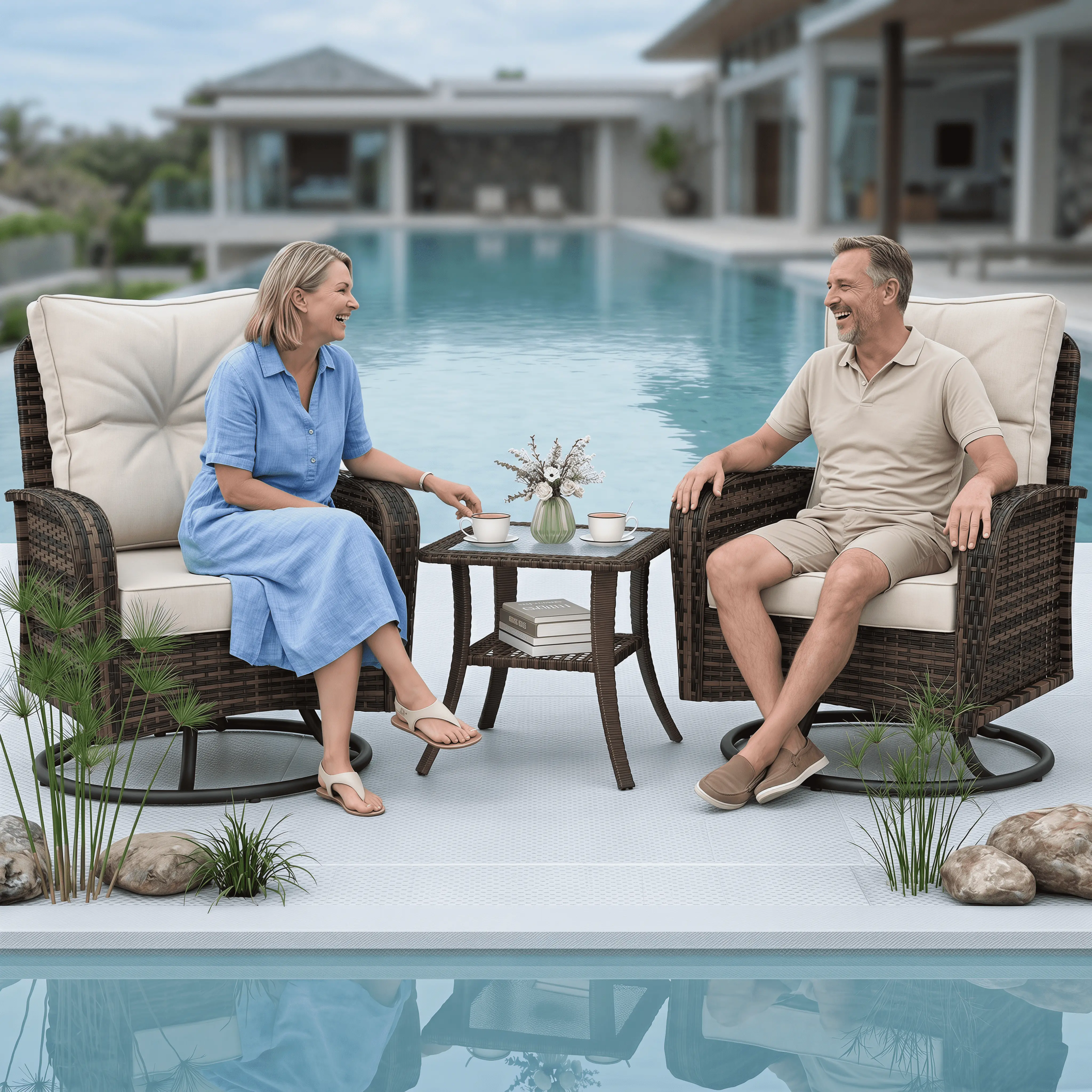 For Porch, Pool & Patio: 3-Piece Outdoor Chair Set, 360 Swivel Rocking Wicker Glider, 2 Big Chairs Plus Coordinating Side Table summergarden