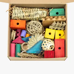 Large Bird Toy Refill Kit with Wood Blocks Slats Seagrass Mats Wicker Balls Bamboo Foraging Baskets Cardboard Tubes Pieces and Special Bird Food Treats