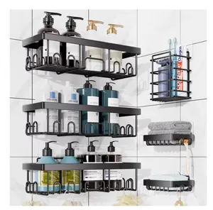 Bathroom Shower Caddy Set 6 Pack Adhesive Wall Mounted Storage Baskets No Drilling Large Capacity Organizer Black Metal