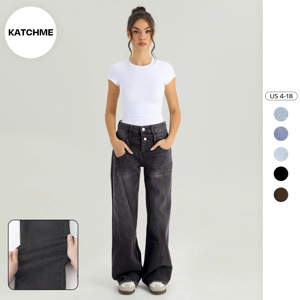 KatchMe Women's High Waist Patchwork Wide Leg Jeans, Vintage Fake Two-Piece Durable Denim Trousers, Baggy Stretchy Soft Pants, Versatile Wrinkle-Resistant Womenswear