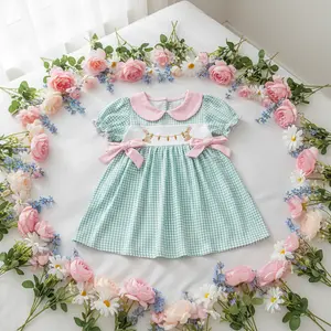 Global Baby 2026 Kids Girl’s Easter Dress  Puff Sleeve Doll Collar Plaid Embroidery Bunny Summer Dress Clothes Little Toddler Girl Easter Dress Loose Fit Bows Plaid Rabbit Carrot