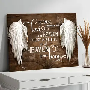 "Heaven In Our Home" Memorial Canvas Wall Art, Angel Wings Sympathy Gift For Loss Of Loved One, Rustic Bereavement Sign, Remembrance Decor