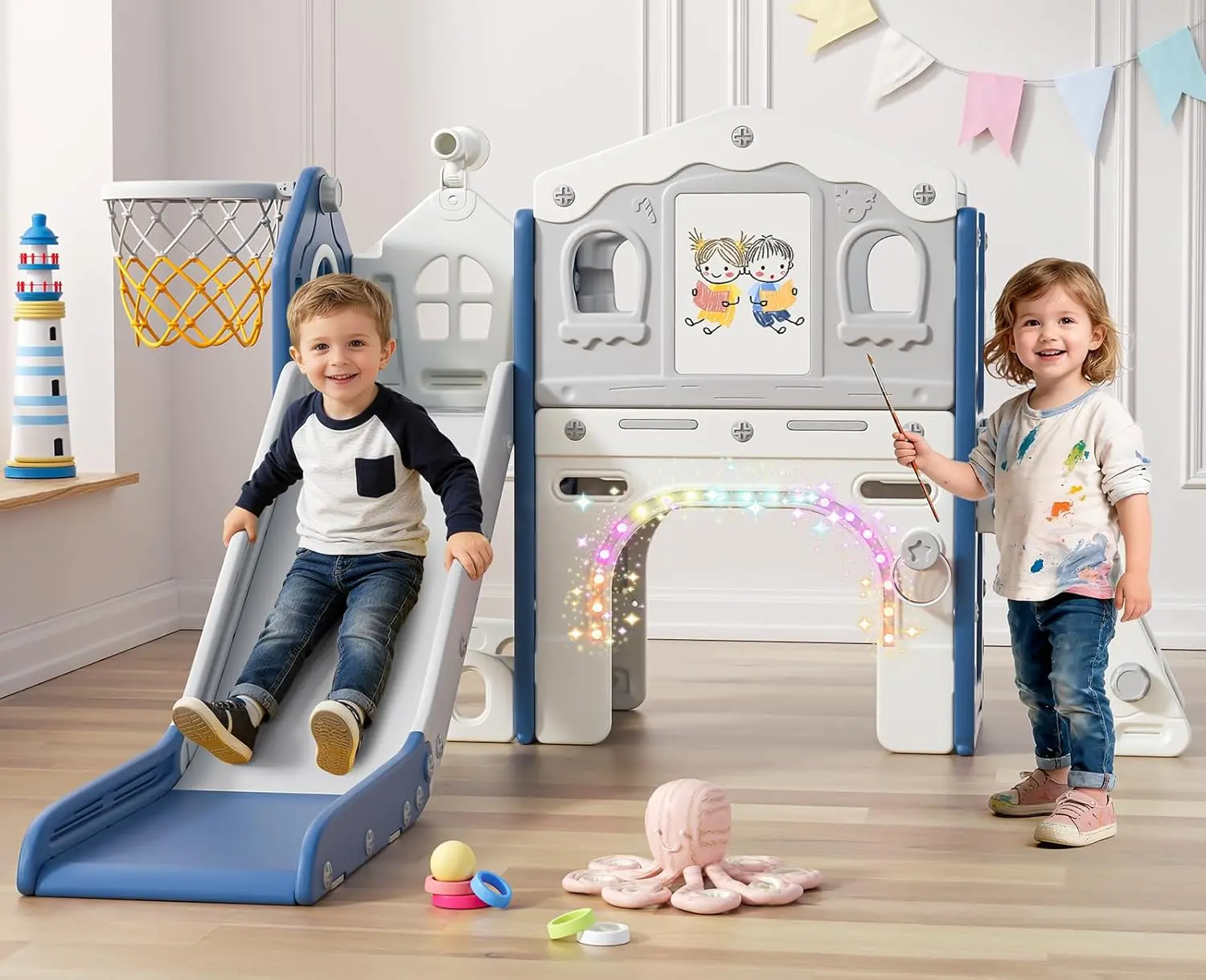 BIERUM 9-in-1 Toddler Play Set Slide for Ages 1-3, Indoor/Outdoor Kids Playground Equipment with Lights, Drawing Board & Building Blocks (Includes Toddler & Kids Outdoor Equipment), Outdoor Play Equipment