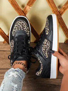 Women's Fashion Leopard Print Casual Trainer Sneakers, Comfortable Breathable Low Top Lace-Up Shoes, Perfect for Halloween, Travel, Party, Daily Wear, Sports Shoes, Walking Shoes, Athletic