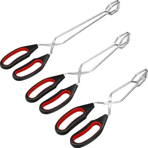 3 Pack Stainless Steel Scissor Metal Tongs Kitchen Wire Tongs for Cooking 9-inch 11-inch and 12-inch Heat Resistant Small Scissor for BBQ Grilling Tool for Hot Food with Silicone Handle