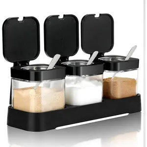Condiment Jar Spice Container with Lids and Spoons, 8.6oz Clear Glass Condiment Canisters Pots Seasoning Box Salt Container Sugar Bowl Set of 3 for Kitchen, Counter, Food Storage, Black Utensils Tin