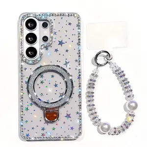 Glitter Magnetic Folding Stand Holder Phone Case Phone Guard For Samsung A17 A07 A16 A26 A36 A56 A15 A35 A55 S24 S25 FE S26 S25 Plus S23 Ultra 5G Wrist Strap Lanyard Shockproof Protective Cover, Accessories, Shockproof Protector