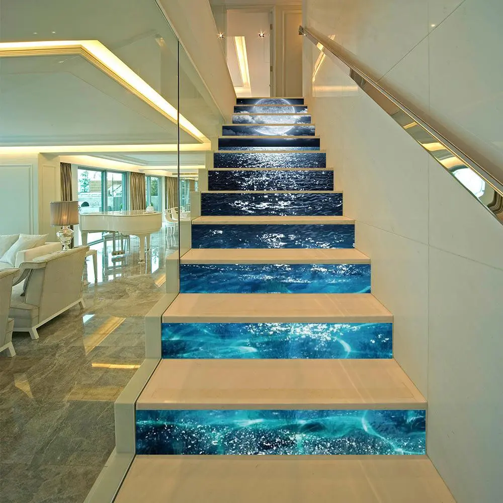 Sea & Moon Pattern Stair Sticker, 13pcs/set Waterproof Self Adhesive Sticker, Decorative Sticker for Home Living Room Bedroom, Decorative Wall Sticker, Decoration Items