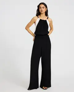 Express Color Block Halter Sleeveless Wide Leg Jumpsuit with Pockets