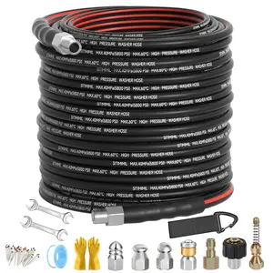 Sewer Jetter Kit for Pressure Washer 50FT/100FT/150FT, Drain Cleaner Hose 1/4 Inch NPT, NPT Corner Swivel and Push Button Nose Sewer Jet Nozzle Wrenches Gloves Waterproof Tape Pearl Brooch,5800PSI,