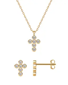 PAVOI 14K Gold Plated Cross Necklace and Earring Set for Women - Cubic Zirconia Religious Faith Jewelry Pack with Pendant Necklace and Stud Earrings