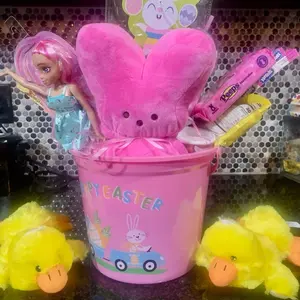 Girl Easter Basket - Pink Container with Plush Bunny, Playful Design for Girls with Lots of Candy and Toys