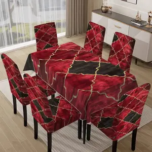 Luxurious Marble Texture Elastic Tablecloth Chair Cover Set, 5 Piece/7 Piece, Easy to Remove, Indoor Outdoor Restaurant Hotel Decor