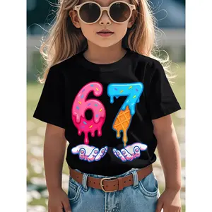 Girls' Funny Six Seven Ice Cream Drip 67 Meme Graphic T-Shirt - GenAlpha Slang Streetwear Style with Number 67 Dripping Ice Cream Design, Round Neck Casual Summer Top for Trendy Outfits, Birthday Party & Casual Attire - Comfortable Knit Fabric for G