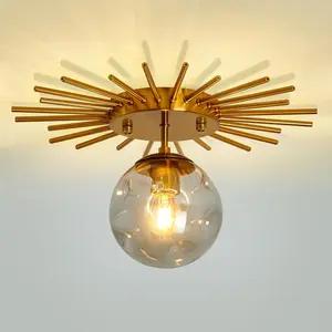 Gold Sunburst Semi Flush Mount Ceiling Light Fixture with Glass Globe 1-Light Small Chandelier Farmhouse Ceiling Lamp for Hallway Stairwell Foyer Office Entryway
