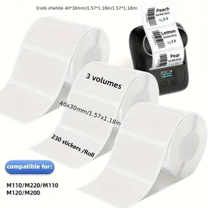 M100/M110/M220/M200/B1 thermal paper labels, Sticky Label, Self Adhesive Label, 40 x 30mm white, 3 rolls, suitable for various printers, 1.57in x 1.18in, capable of printing barcodes, QR codes, and gift seals