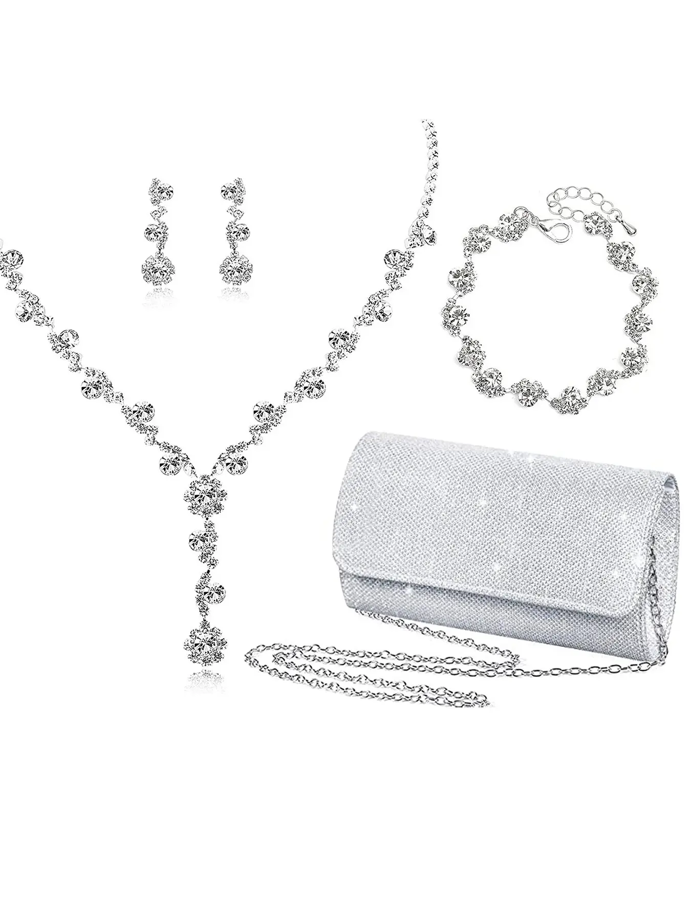 4 Pcs Silver Clutch Purse Jewelry Set for Women Rave Accessories Evening Rhinestone Purse Silver for Bride Wedding
