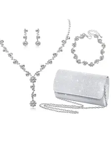 4 Pcs Silver Clutch Purse Jewelry Set for Women Rave Accessories Evening Rhinestone Purse Silver for Bride Wedding