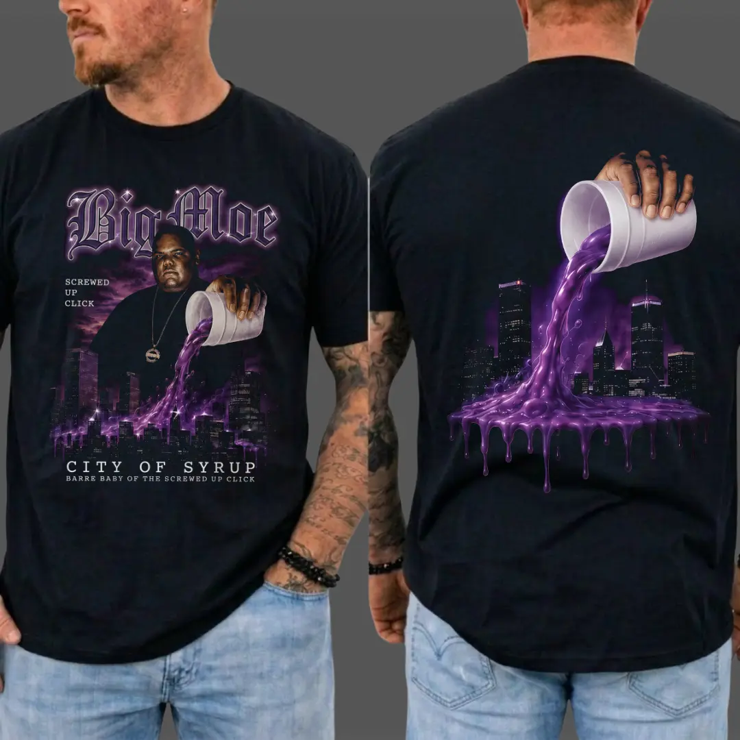 Big Moe Heavy Cotton Unisex Graphic T-Shirt, Houston Texas Screwed Up Click DJ Screw 713 Crewneck Tee, Vintage Streetwear Graphic T-Shirt Direct To Garment Breathable Print, Gift for Men and Women, Gift for Fans, MADE IN USA