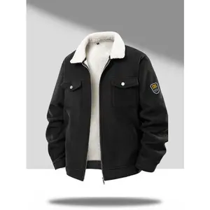 Vintage Corduroy Collar Jacket with Faux Lambswool Lining, Double Chest Patch Pockets, Elbow Badge Embellishment - Perfect for Retro Enthusiasts, Everyday Street Style & Casual Gatherings