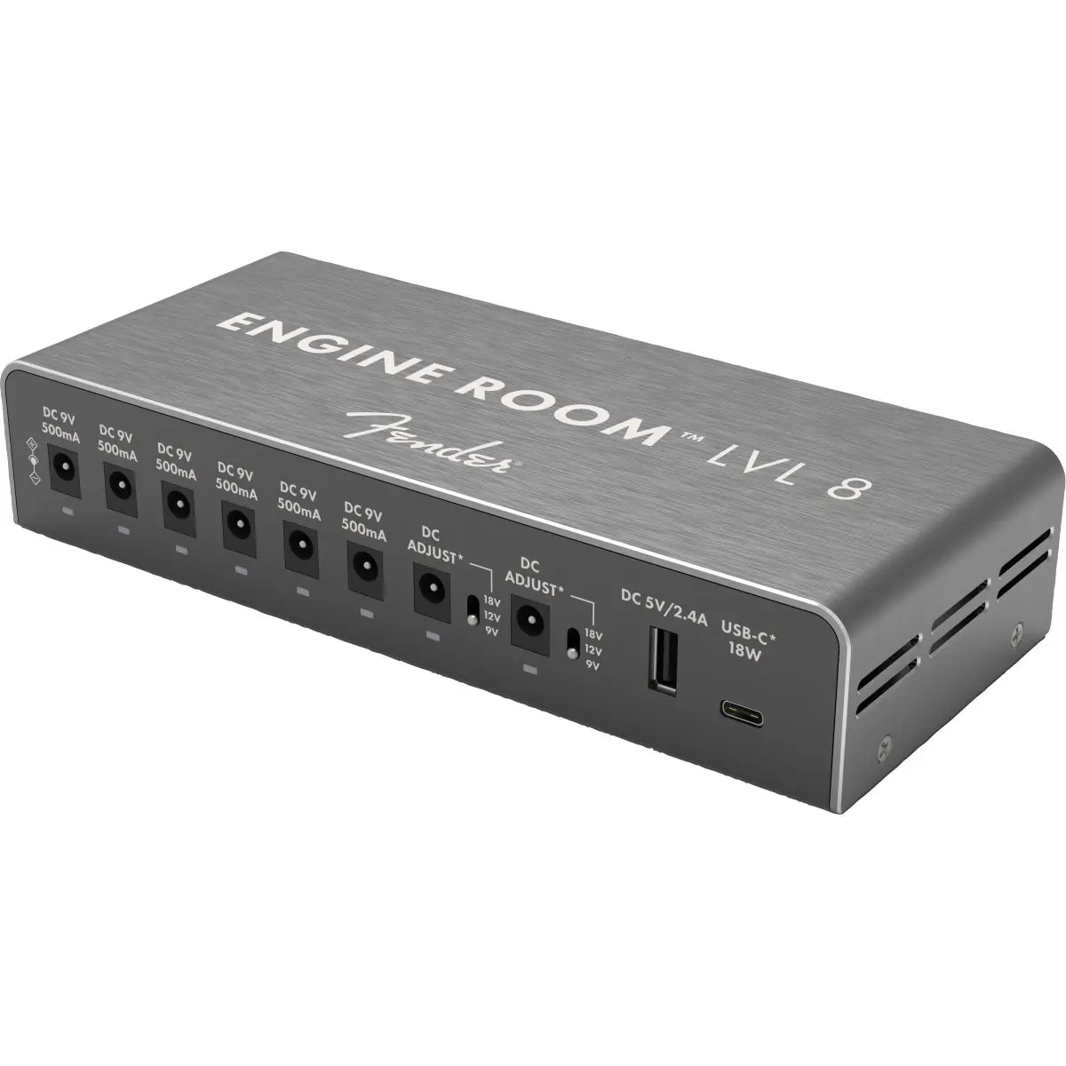 Fender Engine Room LVL8 120V Electronic Power Supply Equipment - Gray Aluminum Body, Durable Metal Construction, Adjustable Multiple Outlets, Industrial Design