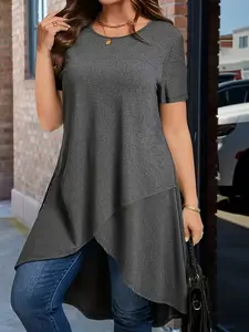 Plus Size Top – Asymmetrical Hem Cross Short Sleeve Solid Shirt, Fit, Comfortable Flowy Design, Casual Fashion for Women