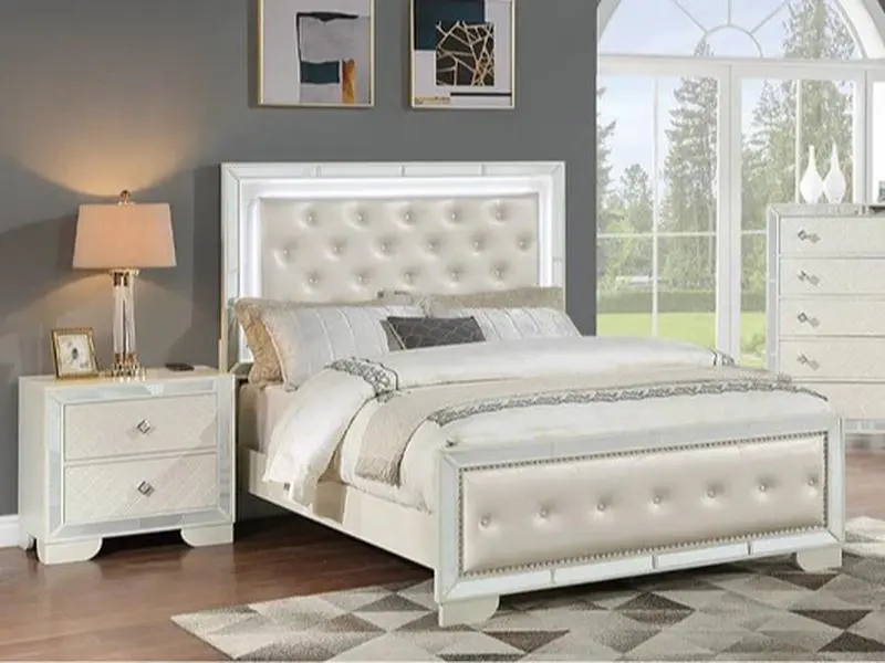 Poundex F9643Q-4PC 4-Piece Queen Bed Set - Cream Textured Wood, Tufted Faux Leather, LED Lighting, 4-piece Bedroom Sets, Indoor Furniture Bed Frame