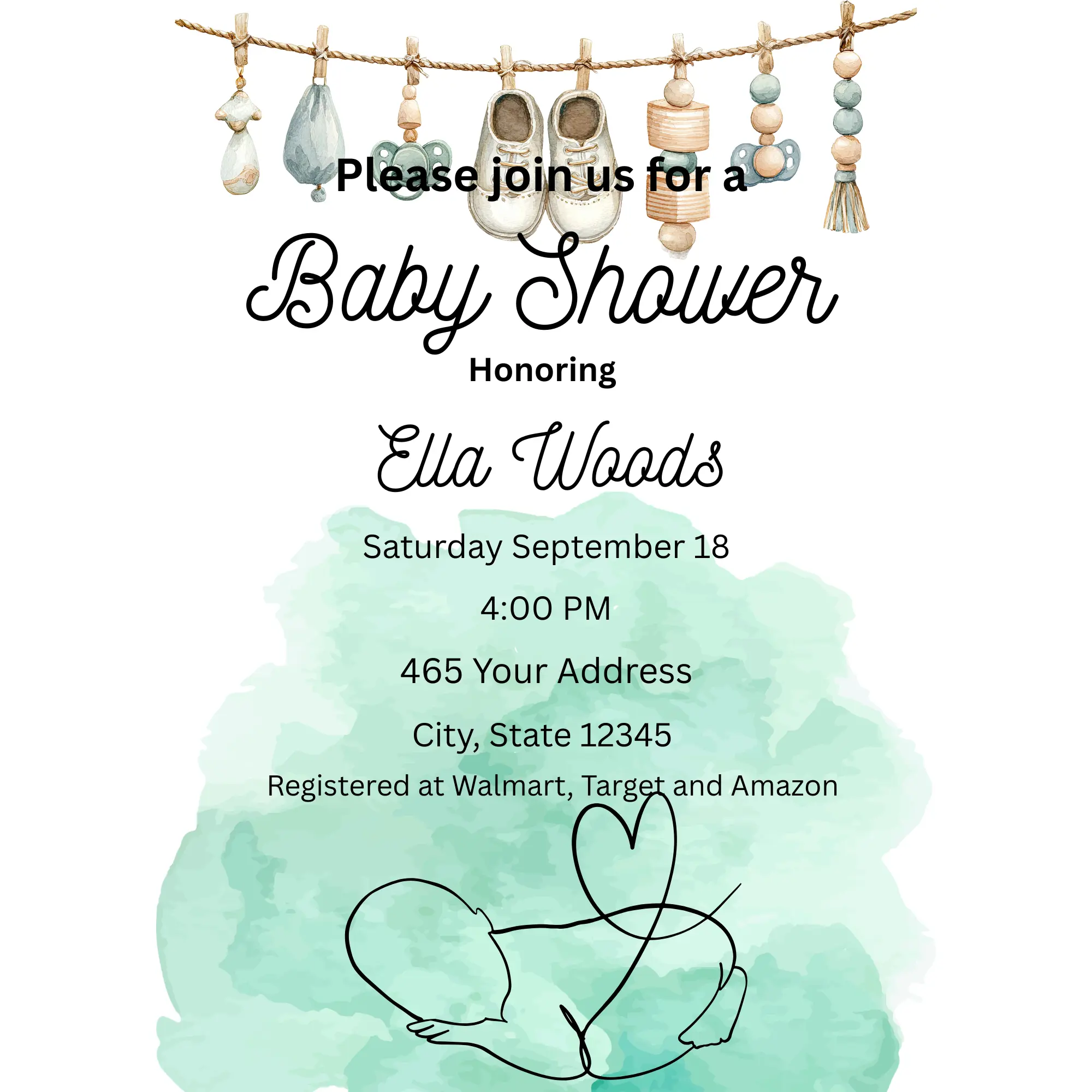 Watercolor Baby Shower Invitation — Clothesline Style