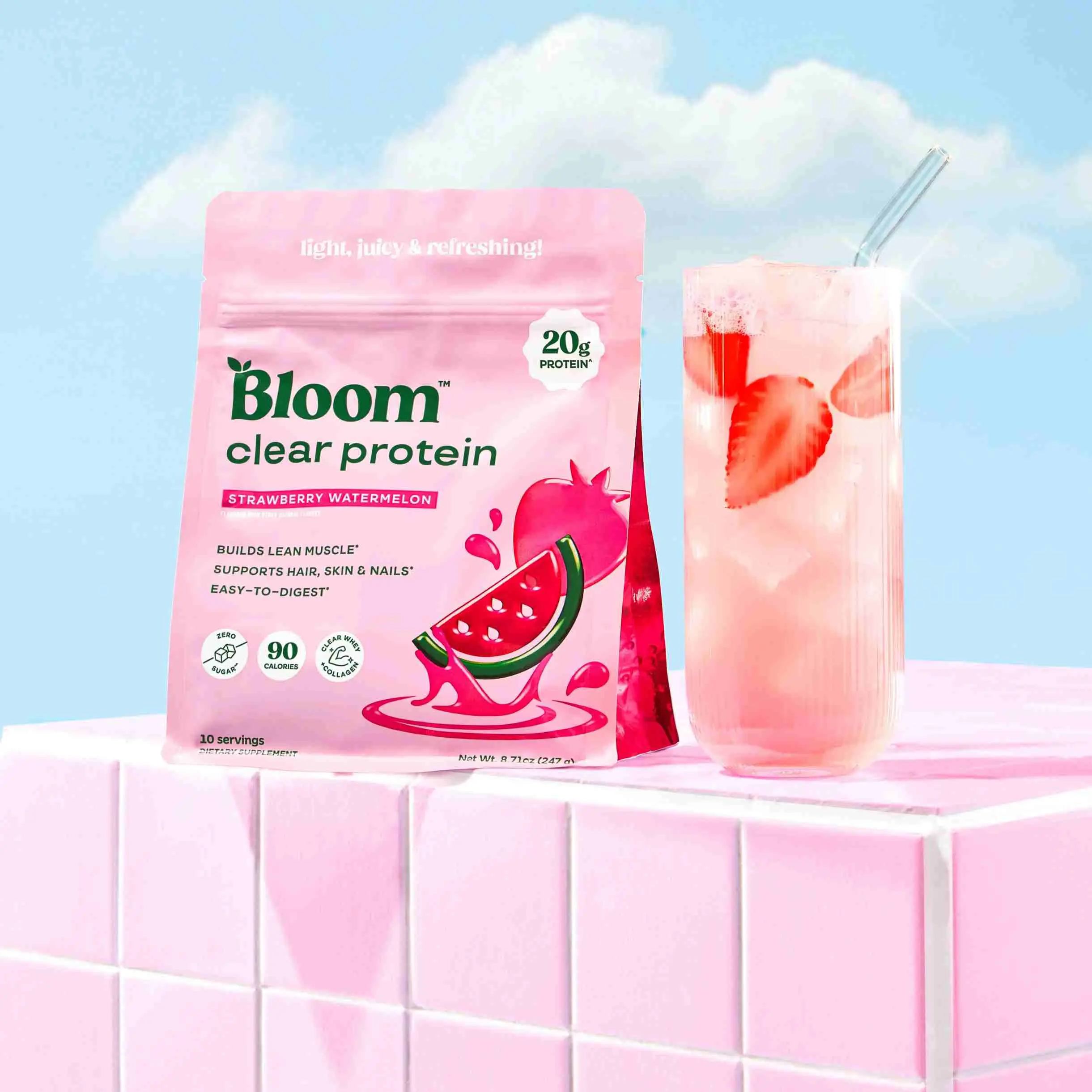 Bloom Nutrition Clear Protein - Clear Whey + Collagen Protein Blend | 20g Protein, 90 Calories, 0g Sugar, Light & Refreshing Fruity Drink | Protein for Women *contains dairy