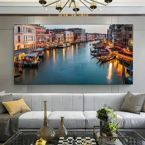 1 Framed Canvas Painting, Venice Grand Canal Dusk Canvas Art - Vibrant water scene with canoes and reflective buildings, coastal home decor, perfect for living room, bedroom office decor.