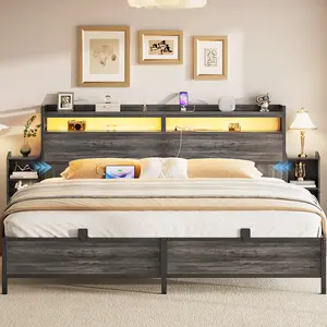 Homieasy King Size Bed Frame with Bookcase Storage Headboard and LED Light, King Bed with Slide Out Bedside Cabinet and Power Outlet, Black Oak