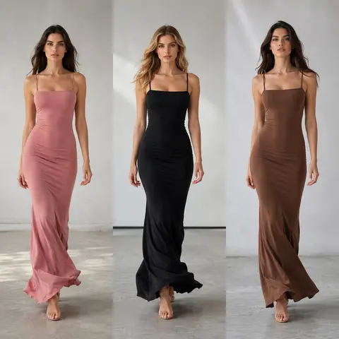 Women's Long Multi-Color Polyester-Elastane Sleeveless Spaghetti Strap Bodycon Dress - Tight Fit Slip, Elegant Evening Wear, 1 x Dress, Machine Washable, Do Not Bleach, Great Gift