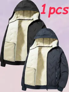 Men's New Fall Winter Fleece Lined Hooded Cotton Casual Solid Color Jacket, Lamb Fur Inner Warm Coat, Thickened Hoodie Outerwear for Cold Weather, Lightweight Fleece Jacket