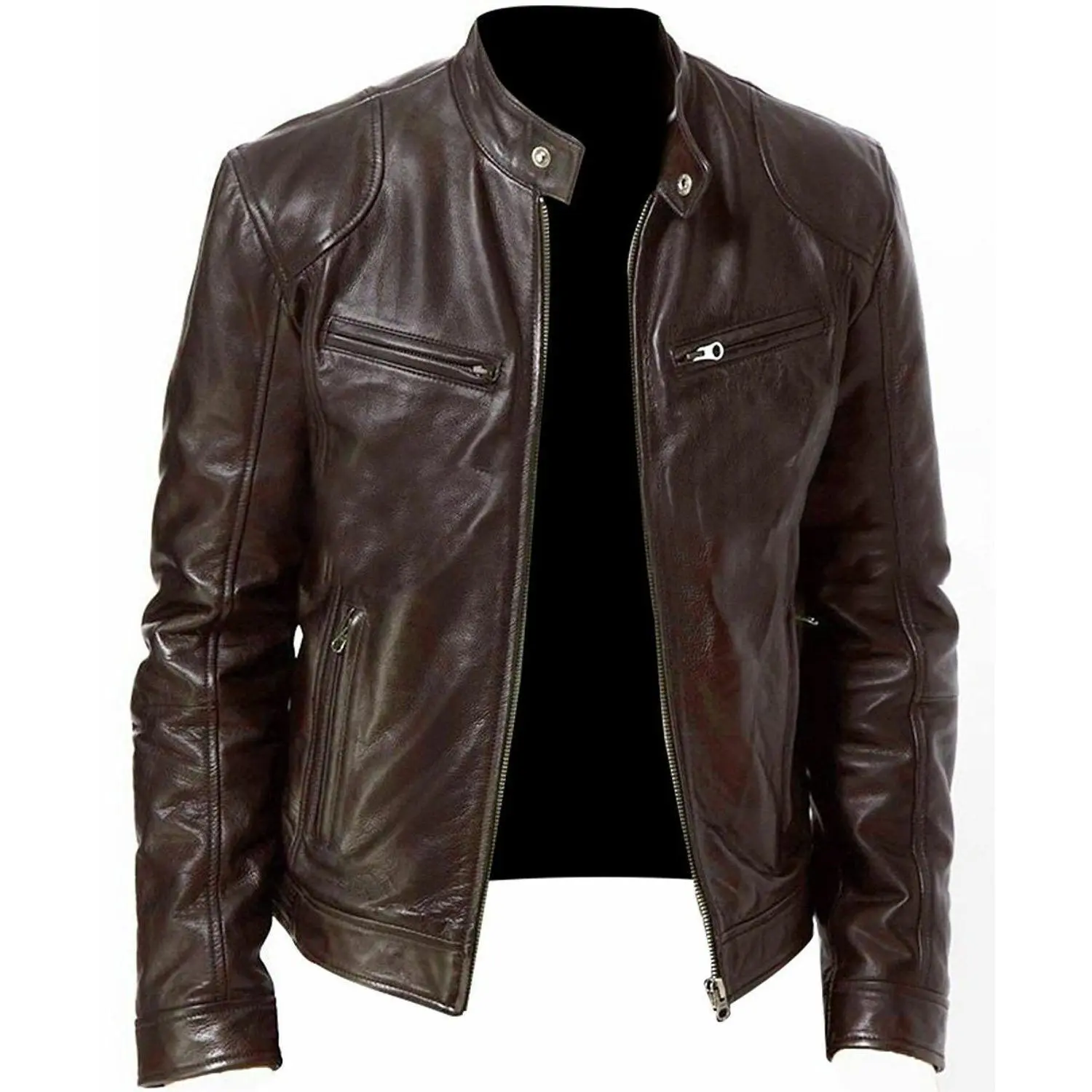 Business Gentleman Warm Zipper Cardigan PU Leather Jacket Stand Collar Slim Fit Leather Jacket