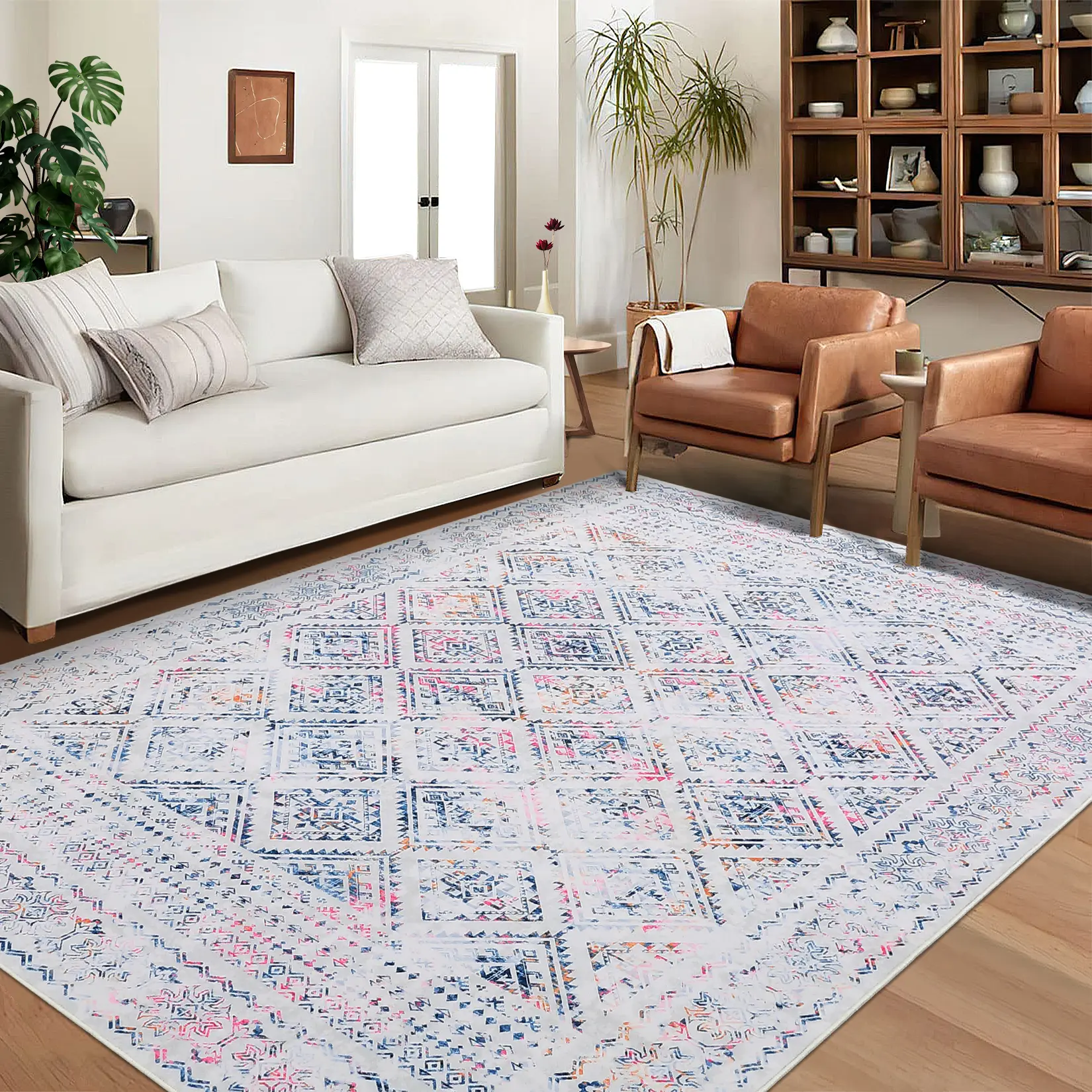 Washable Area Rug Moroccan Style Rug Distressed Floral Rug Low Pile Soft Carpet House Rug for Living Room Dining Room Office Colorful