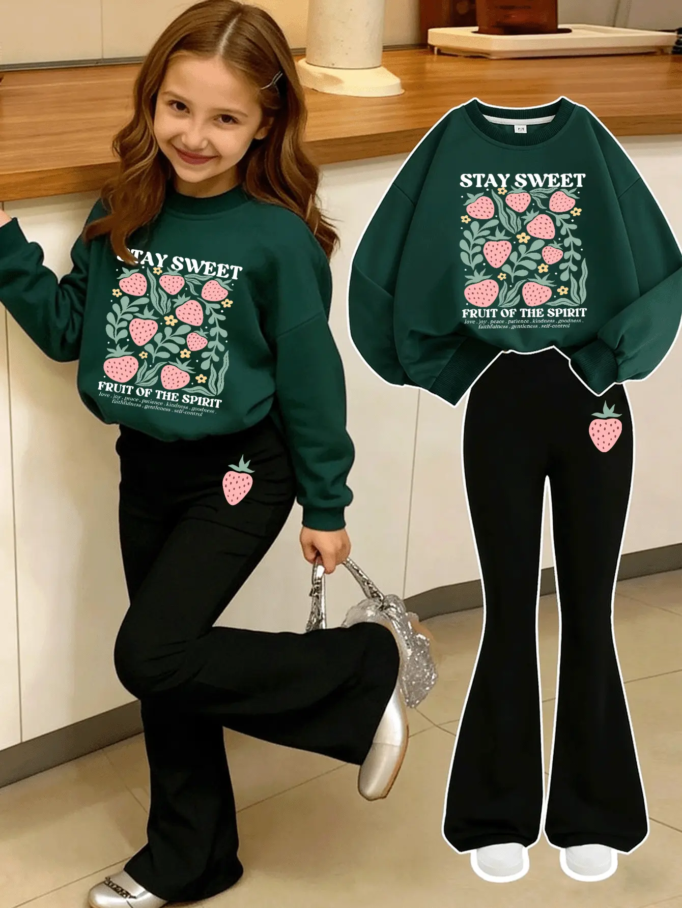 Girls’ two-piece set featuring a green sweatshirt with strawberry print paired with black flared pants—cute and stylish.The fabric is soft and comfortable, machine washable, casual and versatile, suitable for outings, gatherings, and campus wear, also ide