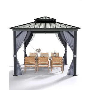 Galvanized Steel Hardtop Gazebo, Double Metal Roof Outdoor Pavilion with Netting & Curtains, All-Weather Shelter for Patio Garden Deck Lawn Backyard summervibes