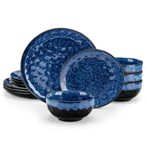 vancasso Starry 12 Pieces Dinnerware Set, Plates and Bowls Set for 4, Stoneware Plates Set, Dishwasher and Microwave Safe, Blue, Green, Red set, Crockery Sets with Dinner Plates, Dessert Plates and Bowls