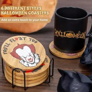 6-Piece Horror Movie Character Coaster Set, Unique Halloween Round Wooden Coasters, Coasters for Drinks, Perfect for Party Decor & Gift Giving