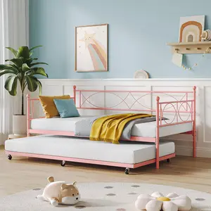 Garvee Twin Size Metal Daybed with Pull-Out Trundle Sturdy Steel Slat Support Space-Saving Multifunctional Sofa Bed in Pink Gold and White Colors
