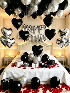 583 sets of silver and black birthday balloons, with 500 pieces of realistic red petals! These balloons are perfect for decorating birthday parties and adult ceremony celebrations.