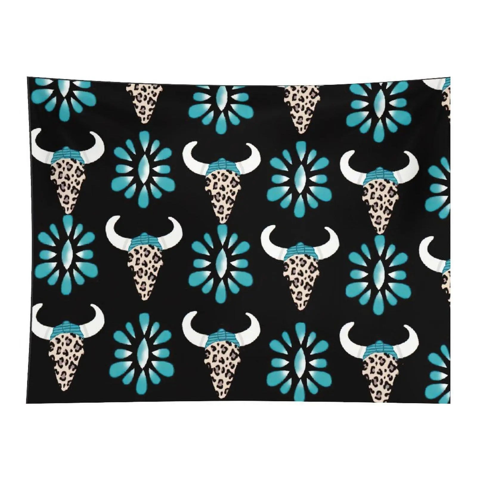 Rectangular Western Bull Skull Turquoise Flower Fabric Wall Hanging Tapestry, Boho Cow Skull Pattern Decor for Bedroom Dorm, House Decor
